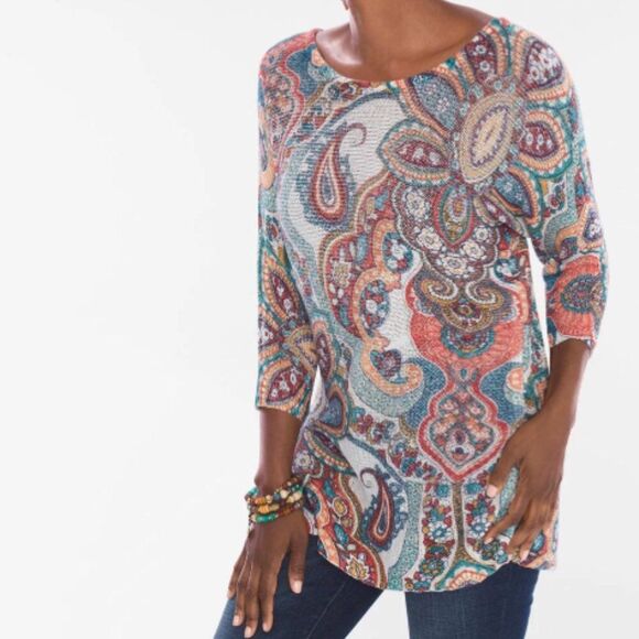 Chico’s Paisley Cross-Back Detail Sweater size 2 Large Cotton Blend Tunic Top - Picture 1 of 6